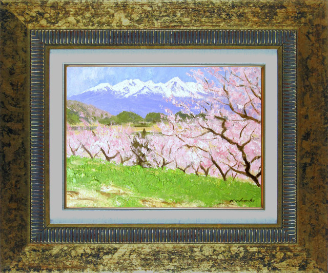 信州風景画・山岳風景画（山と桜の絵）足立一夫「八ヶ岳の春」油彩