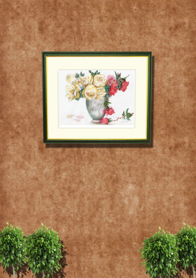 志村好子「薔薇（赤・クリーム）」水彩画（絵寸240×332・額寸347×423mm）