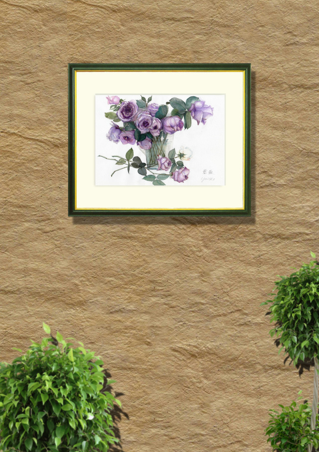 志村好子「薔薇(紫）」水彩画（（絵寸250×330・額寸347×423mm）