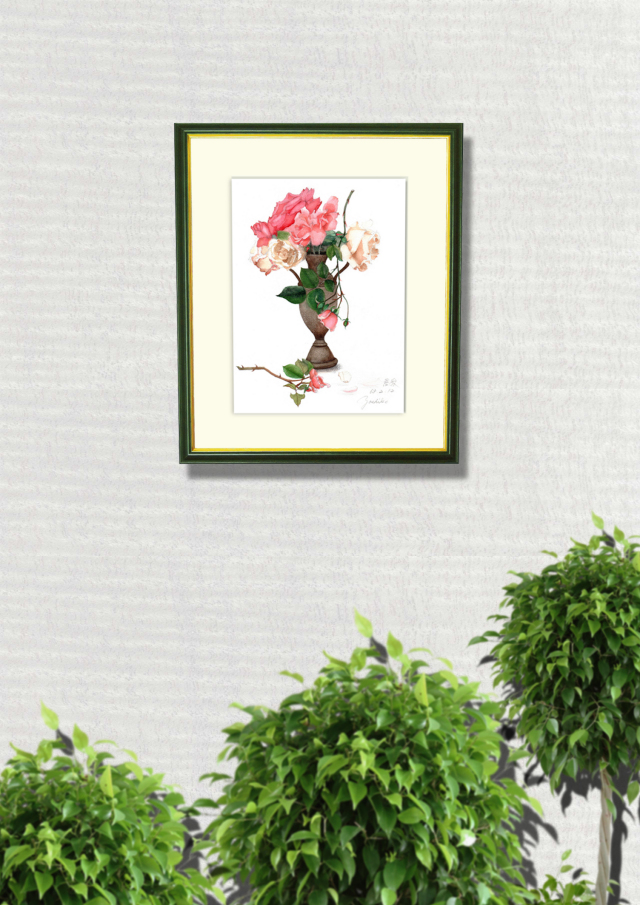 志村好子「薔薇（ピンク・クリーム）」水彩画（絵寸250×330・額寸347×423mm）