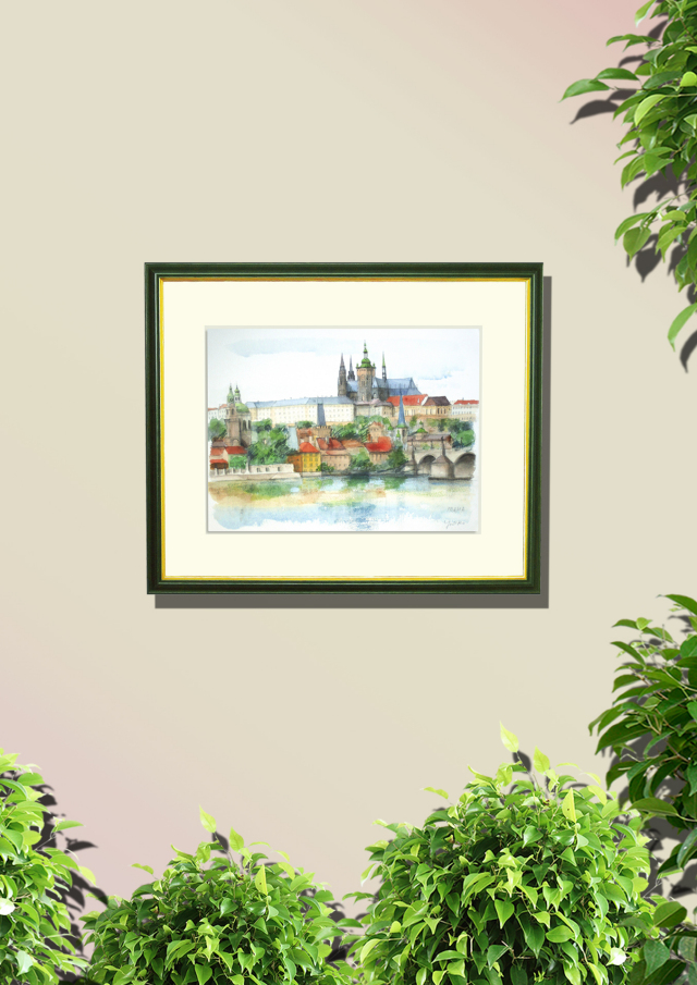 ヨーロッパ風景画「ＰＲＡＨＡ（プラハ）」水彩画（絵寸252×332・額寸377×454mm）志村好子