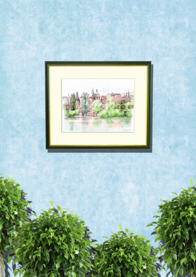 「ＰＲＡＨＡ（プラハ）」ヨーロッパ風景画・水彩画（絵寸252×332・額寸377×454mm）志村好子