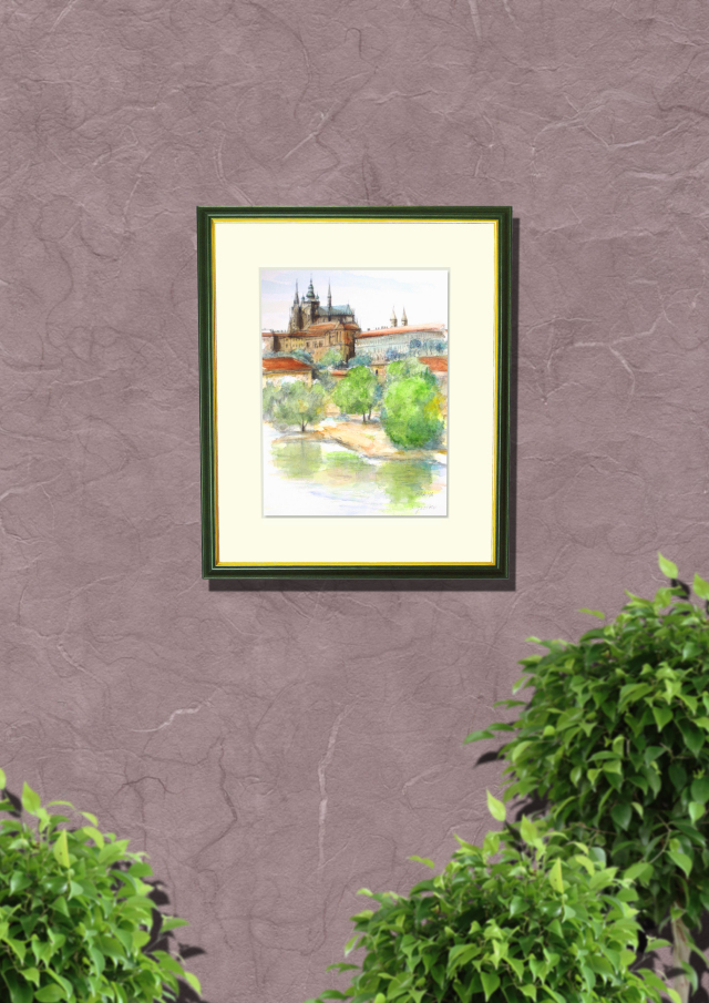 ヨーロッパ風景画「ＰＲＡＨＡ（プラハ）」志村好子・水彩画（絵寸252×332・額寸377×454mm）