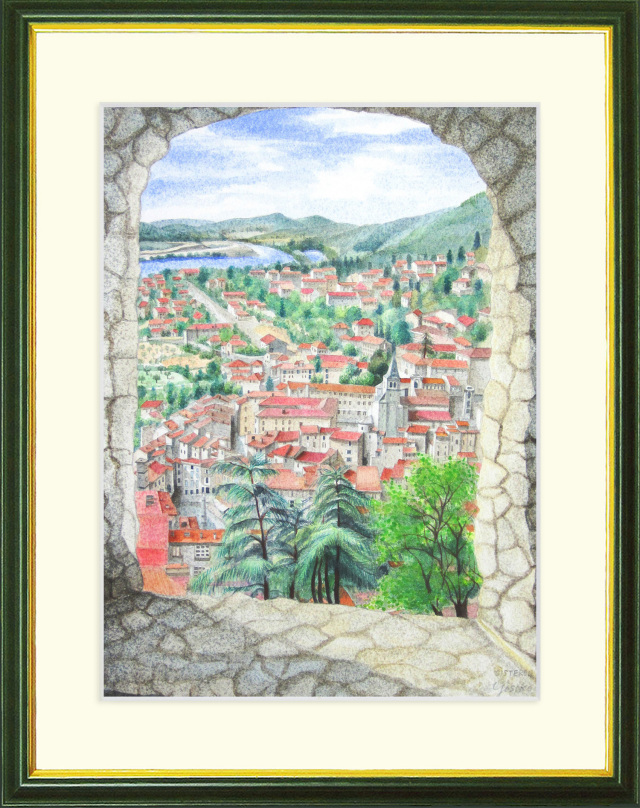 風景画・ヨーロッパ・志村好子「中世の街　ＳＩＳＴＥＲＯＮ（シストロン）」水彩画（絵寸317×408・額寸392×507mm）