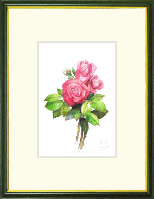 志村好子「薔薇」水彩画（絵寸160×242・額寸額寸318×410mm）