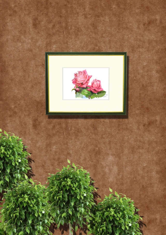 志村好子「薔薇」水彩画（絵寸160×242・額寸318×410mm）