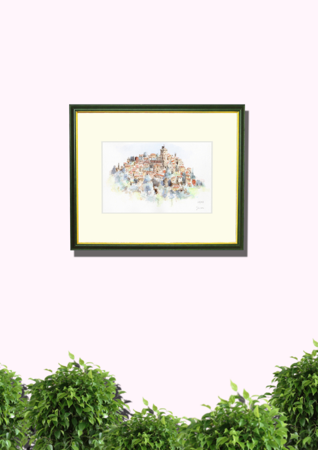「ＣＡＧＮＥＳ（カーニュ・フランス）」ヨーロッパ風景画・志村好子・水彩画（絵寸186×280：額寸377×454mm）