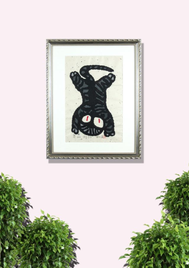 猫の絵・秋山巌「てけてけ」木版・2000年・ 額寸・593×470mm