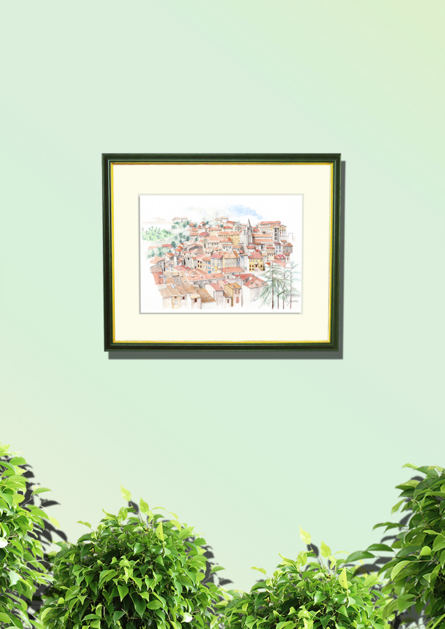 ヨーロッパ風景画　「中世の街　ＳＩＳＴＥＲＯＮ（シストロン）」水彩画（絵寸210×297・額寸377×454mm）志村好子