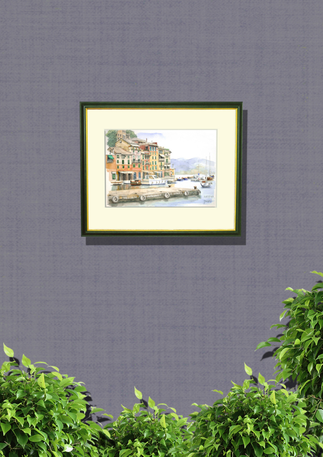 ヨーロッパ風景画　「ＰＯＲＴＦＩＮＯ（ポルトフィーノ・イタリア）」水彩画（絵寸210×297・額寸377×454mm）志村好子