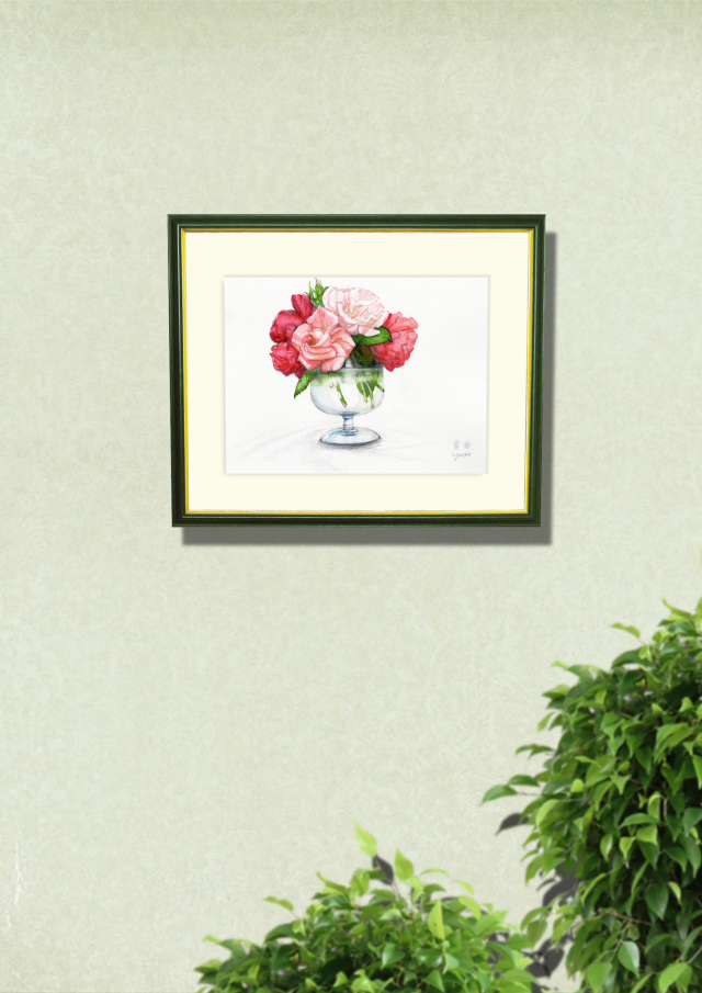 志村好子「薔薇（赤・ピンク）」水彩画（絵寸240×332・額寸347×423mm）