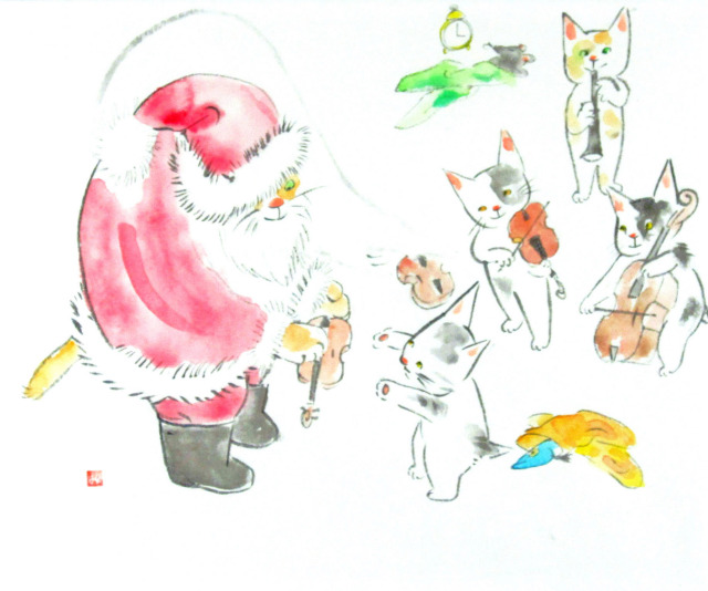 猫とオーケストラ・　雨田光弘　「クリスマスコンサート」　水彩  額寸・620×770mm