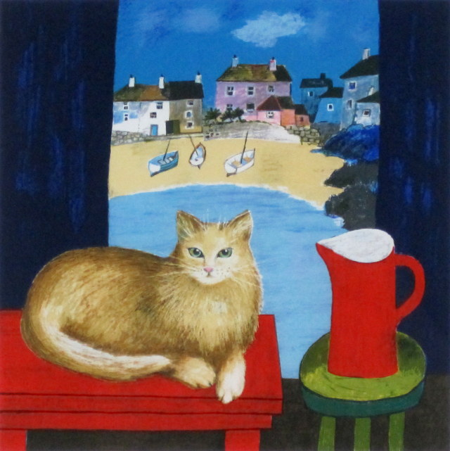 猫の絵・ブレンダ・キング「窓辺の猫」リトグラフ 額寸・450×450mm