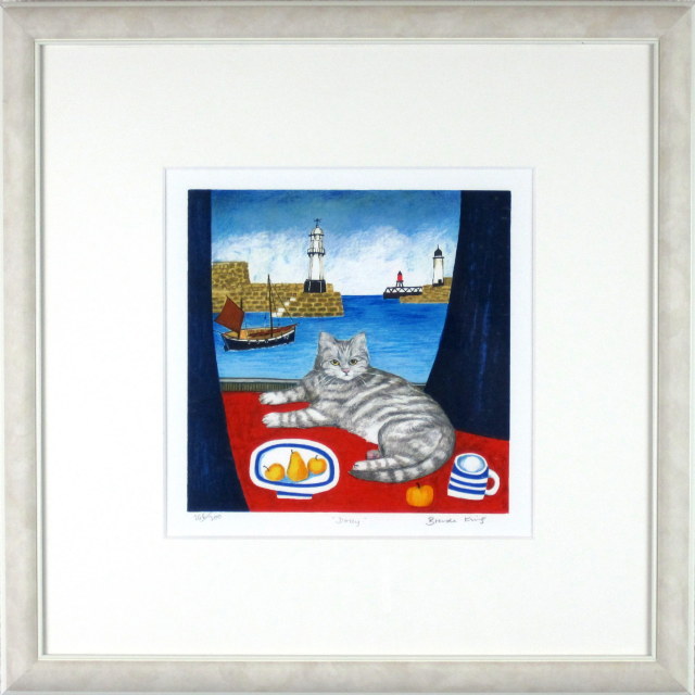 猫の絵・ブレンダ・キング 「窓辺の猫」 リトグラフ・額寸・450×450mm