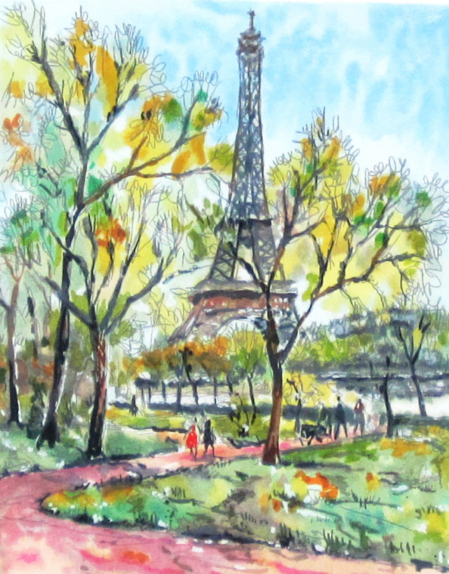 フランス風景画・キャンビエ 「エッフェル塔　」リトグラフ・額寸474×435mm”パリのシンボル”