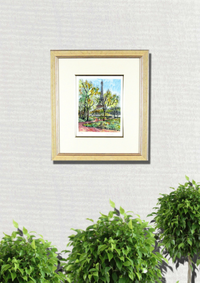 フランス風景画・キャンビエ 「エッフェル塔　」リトグラフ・額寸474×435mm