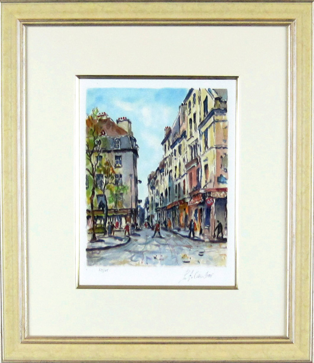 フランス風景画・キャンビエ ・「パリの細道」リトグラフ・額寸474×435mm”お洒落なパリの通り”
