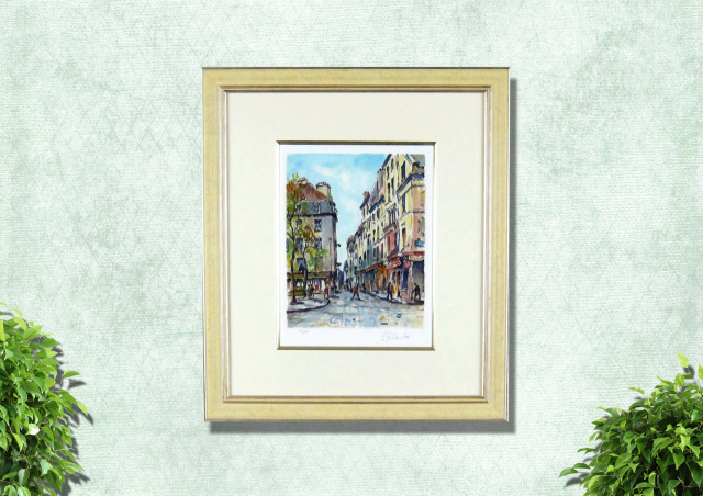 フランス風景画・キャンビエ ・「パリの細道」リトグラフ・額寸474×435mm”お洒落なパリの通り”