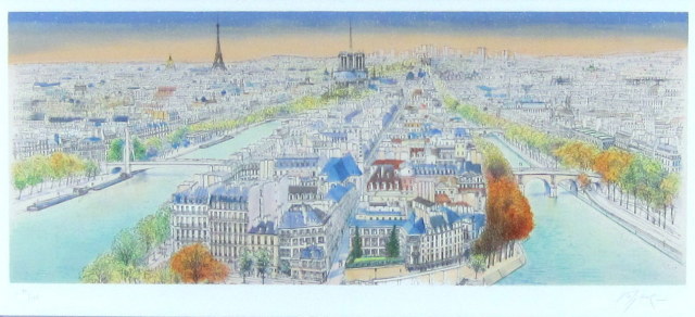 ヨーロッパ風景画・ラフルスキー「パリ眺望」リトグラフ・外寸450×760mm