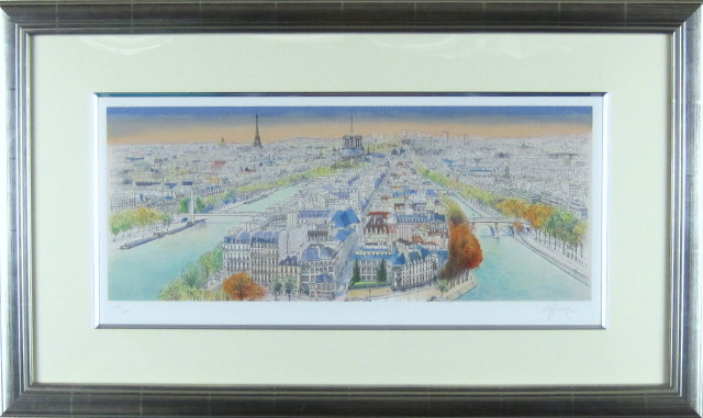 ヨーロッパ風景画・ラフルスキー「パリ眺望」リトグラフ・外寸450×760mm