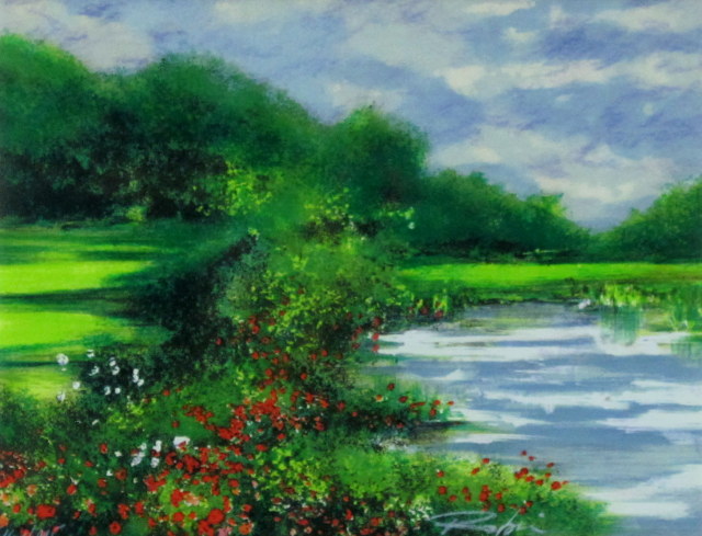 ヨーロッパ風景画・　ロビック「花咲く庭」リトグラフ・外寸513×593mm
