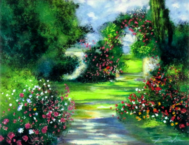 ヨーロッパ風景画・　ロビック「花咲く庭」リトグラフ