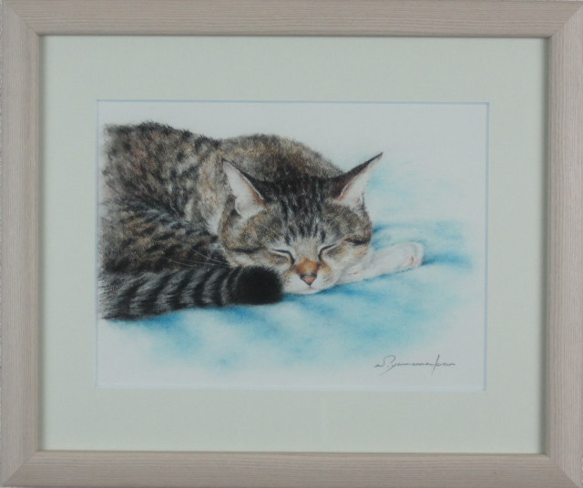 猫の絵・山中翔之郎・パステル画「すね枕」 額寸・397×473mm ”気持ちよ 