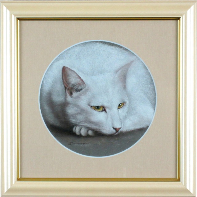 猫の絵・山中翔之郎 「艶」 パステル 額寸357×357mm ”切れ長の目の白猫”