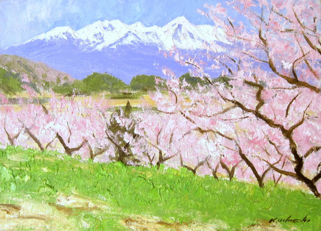 信州風景画・山岳風景画（山と桜の絵）足立一夫「八ヶ岳の春」油彩 