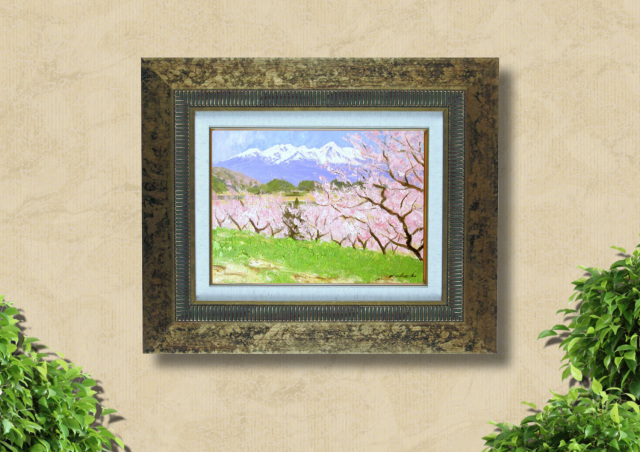 信州風景画・山岳風景画（山と桜の絵）足立一夫「八ヶ岳の春」油彩 
