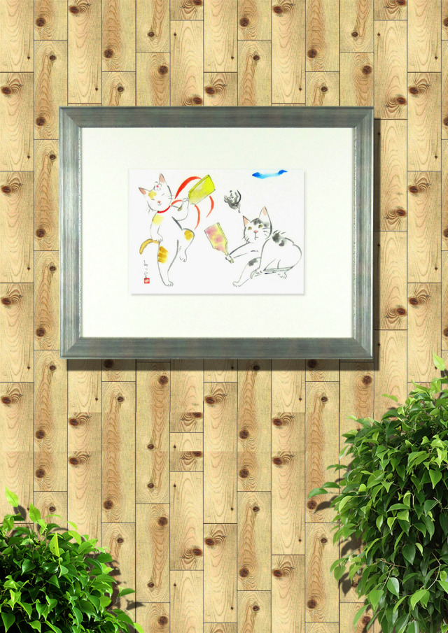 猫の絵・雨田光弘「たすけて」水彩・額寸・577×463mm・”猫の羽根つき”