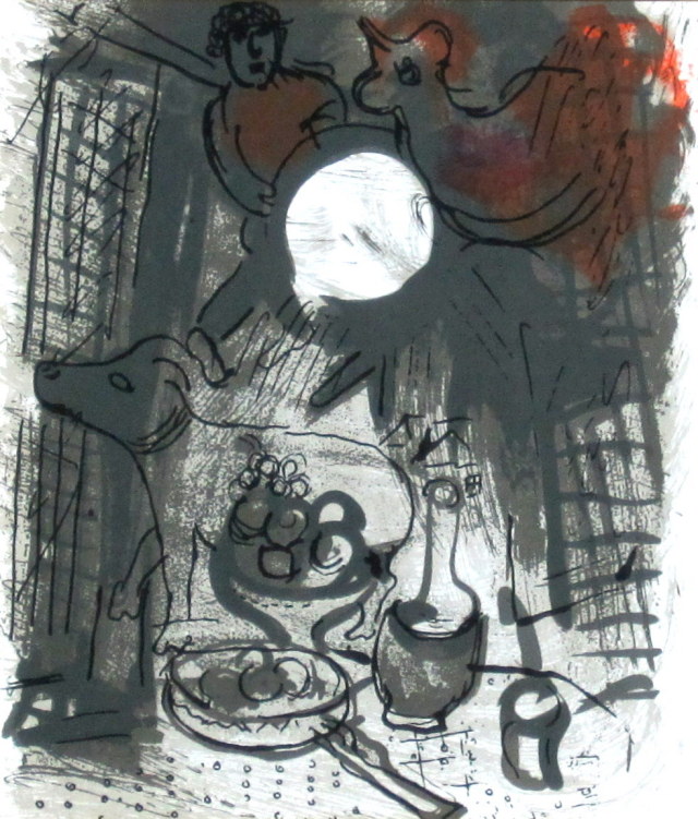シャガール「茶色い静物」１９５７年リトグラフ・額寸455×430mm