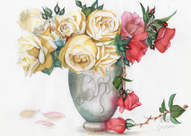 志村好子「薔薇（赤・クリーム）」水彩画（絵寸240×332・額寸347×423mm）