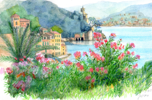 志村好子・ヨーロッパ風景画「ＰＯＲＴＦＩＮＯ（ポルトフィーノ）」水彩画（絵寸186×280：額寸377×454mm）