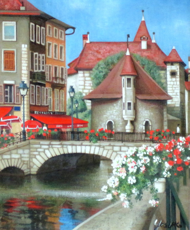 ヨーロッパ風景画　・　志村好子　「花の街アヌシー」　油彩　Ｆ３