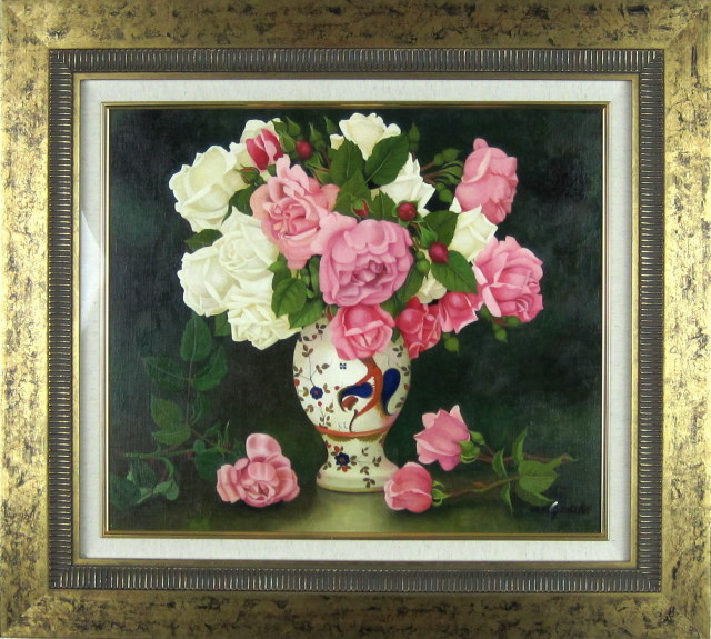 花の絵・志村好子「薔薇」（ピンクと白）油彩　Ｆ１　外寸750×675mm