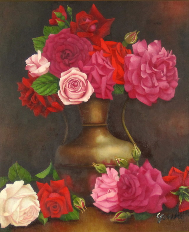 花の絵・志村好子「薔薇」（赤・ピンク・白）　油彩　Ｆ8　外寸675×600mm