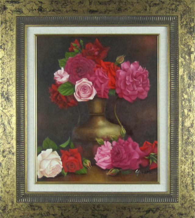 志村好子「薔薇」（赤・ピンク・白）油彩画・Ｆ８・”優雅な薔薇”