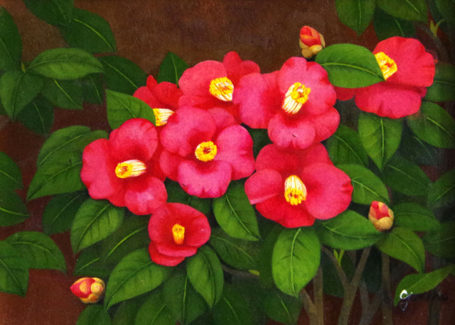 椿の絵・志村好子「椿」（赤色）Ｆ４・油彩・額寸426×518mm”真紅の椿”