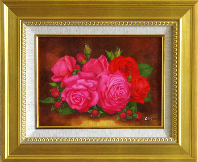 バラの絵・志村好子「薔薇」Ｆ４・油彩・額寸４２６×516mm