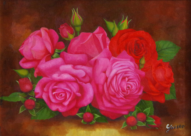 バラの絵・志村好子「薔薇」Ｆ４・油彩・額寸４２６×516mm