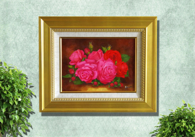 バラの絵・志村好子「薔薇」Ｆ４・油彩・額寸４２６×516mm 
