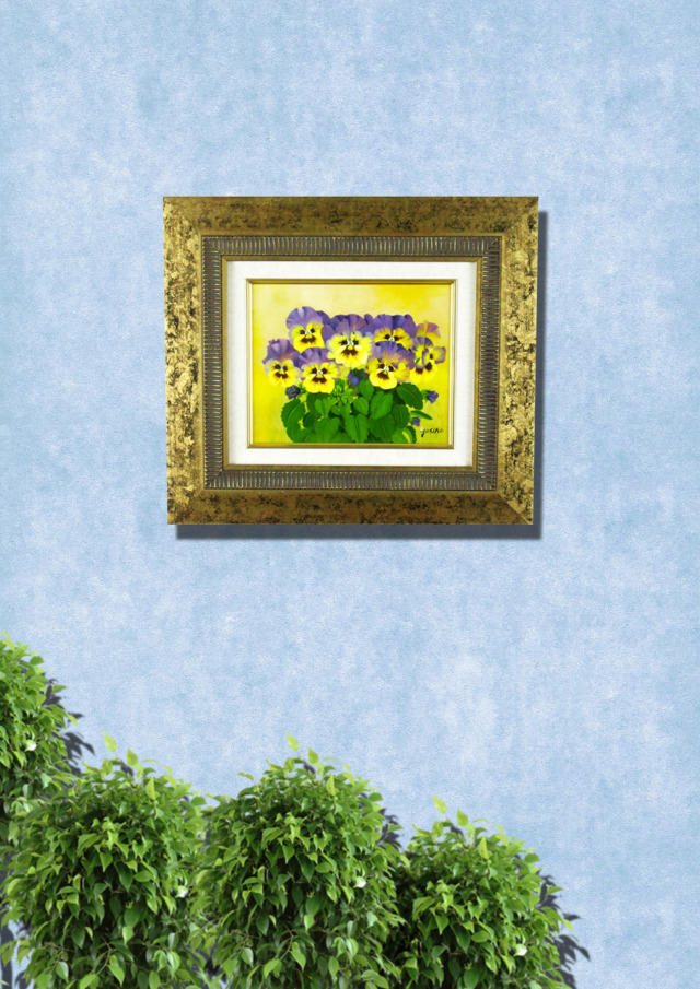 パンジーの絵・志村好子「なかよし」（パンジー）油彩Ｆ３・額寸440×495mm”笑顔の花” 