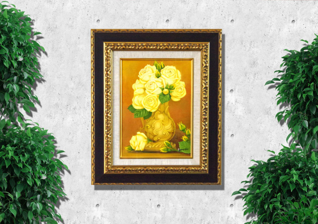 黄色い薔薇・絵・志村好子「薔薇(黄色のバラ）」Ｆ4・油彩・額寸435×535mm