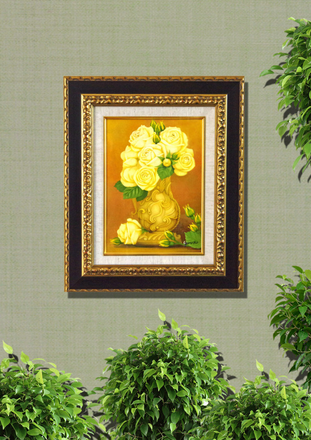 黄色い薔薇・絵・志村好子「薔薇(黄色のバラ）」Ｆ4・油彩・額寸435×535mm 