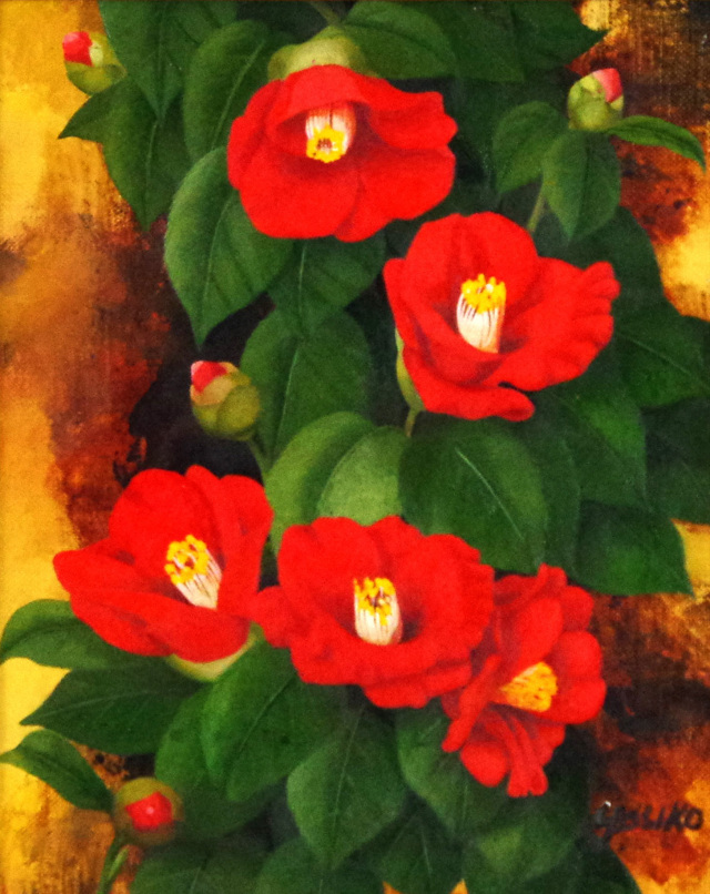 椿の絵・志村好子「椿」（赤）油彩・３Ｆ・額寸494×440mm”可憐な艶やかな椿”