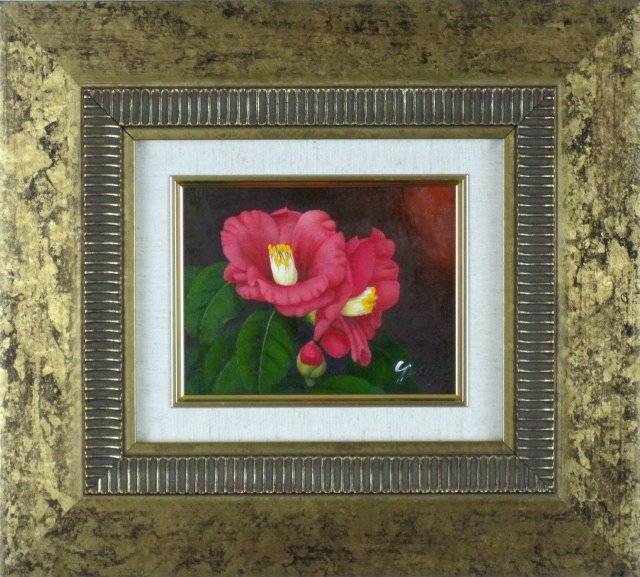 椿絵・花の絵・志村好子「椿（赤）」（絵画・油彩）Ｆ０（０号）額寸359×399mm　”愛らしい椿の花を描く”