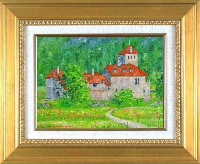 緑が美しいスイス風景画・梅沢民雄「スイス風景画」油彩・Ｆ４・額寸426×518mm