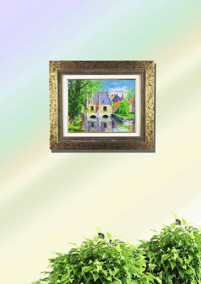 ”水の都”梅沢民雄「ブルージュ」油彩画・Ｆ６・額寸540×630mm”お部屋が明るくなる” 
